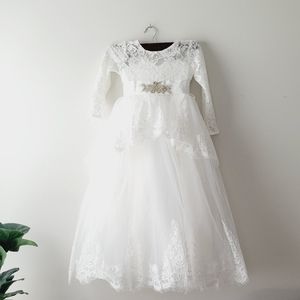 White Lace Formal Girls Dress with Embellished Waist